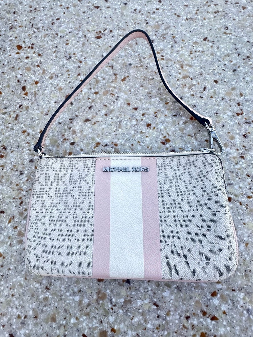 Michael Kors Cream and Pink Stripe Logo Wristlet